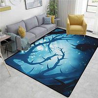 YucouHome Mystic Over Sized Area Rug Kids Girl, Animal with Burning Eyes in The Dark Forest at Night Horror Halloween Illustration, Fashionable High Class Living Dinning Room(3'x 8') Navy White