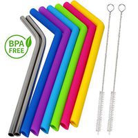 Reusable Silicone + Stainless Steel Straw Set. BPA Free Flexible Straws for Yeti Ozark Rtic Contigo 30/20 oz Tumbler, Smoothies and Milkshakes. 8 Drinking Straws with 2 Cleaning Brushes +Storage Bag