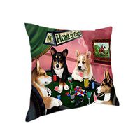 Home of 4 Corgi Dogs Playing Poker Pillow (18x18)