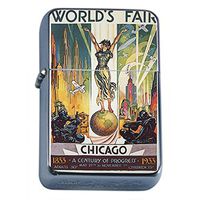 Silver Flip Top Oil Lighter Vintage Poster D-042 World's FAIR Chicago Illinois 1833 1933 A Century of Progress Vintage