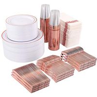 800 Piece Rose Gold Dinnerware Set-200 Rose Gold Plates, 300 Rose Gold Plastic Silverware, 100 Disposable Cups 10 oz, 100 Paper Straw and Linen Like Napkins Each