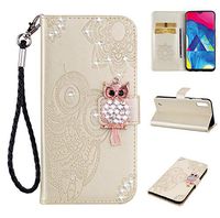 Amocase Wallet Case with 2 in 1 Stylus for Samsung Galaxy M10,3D Bling Gems Owl Magnetic Mandala Embossing Premium Strap PU Leather Card Slot Stand Case for Samsung Galaxy M10 - Gold