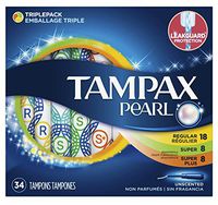 Tampax Tampons Pearl Triple Pack 34 Count Unscented 18 Regular+8 Super+8 (6 Pack)