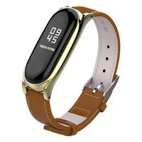 Mijobs Compatible Xiaomi Mi Band 3, Genuine Leather Replacement Strap Breathable Wristband with Metal Frame Bracelet Accessories for Xiaomi Mi Band 4 Smart Watch Bracelet Wristband (Brown and Gold)