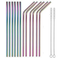 LIFNY Stainless Steel Straws Metal Resuable Drinking Straw 12pcs Rainbow 6 Straight & 6 Bend Straws 10.5" Extra Long Metal Straws for 30/20oz Tumblers Beverage Mason Jar with 2 Brushes