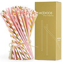 MOGOOS Party Biodegradable Paper Straws, 100 pcs Pink/Gold Rainbow Stripe Drinking Straws 7.75" for Birthday,Celebrations,Wedding, Bridal/Baby Shower Decorations and Holiday Celebrations