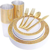 175 PCS Gold Disposable Silverware, Lace Design Plastic Plates with Gold Cups, Includes: 25 Dinner Plates 10.25", 25 Salad Plates 7.5", 25 Tumblers 10oz, 50 Forks, 25 Knives, 25 Spoons