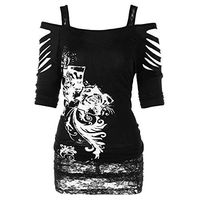 Women Off Shoulder Tunic Tops Hollow Out Short Sleeve Lace Patchwork Retro Printed Blouse t Shirts Pullover Tops(Black, S)
