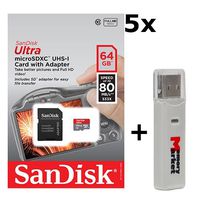 5 PACK - SanDisk Ultra 64GB UHS-I Class 10 MicroSDXC Memory Card Up to 80mb/s SDSQUNC-064G with Adapter LOT OF 5 and USB 2.0 MemoryMarket dual slot MicroSD & SD Memory Card Reader