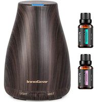 InnoGear Essential Oil Diffuser, 100ml Mini Wood Grain Aroma Diffuser Ultrasonic Humidifier with Essential Oil Gift Set, Lavender + Peppermint (10ml/Bottle), Auto Off Adjustable 7 LED Lights