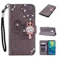 Strap Diamond Wallet Case for Huawei Mate 20,Aoucase Luxury 3D Owl Bling Gems Magnetic Cute Mandala Print PU Leather Soft TPU Stand Flip Case with Black Dual-use Pen - Gray