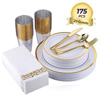 FOCUS LINE 175PCS Disposable Dinnerware Set for Party or Wedding-Gold Rim Plastic Plates -Gold Plastic Silverware - Gold Plastic Cups - Linen Like Gold Disposable Napkins(25 Guests)