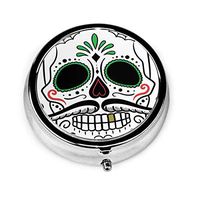 Pill Box Day of The Dead  Round Pill Case Daily Metal Silver Medicine Tablet Holder Organizer Carry Cases for Purse Pocket Travel Vitamin,Small 2 inch,3 Compartment