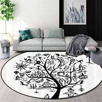 Halloween Decorations Modern Round Abstract Area Rug,Sketch Style Halloween Tree with Spooky Decor Objects and Wicked Witch On Broom Non-Slip No-Shedding Kitchen Soft Floor Mat,Round-59 Inch