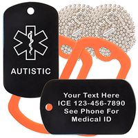 Custom 2 Pack - Autistic Medical Alert ID Necklaces with Black Custom Tags, Orange Silencers, and 30'' USA Chains