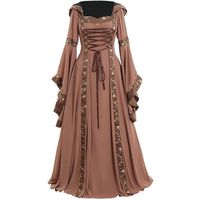 smallwoodi Christmas Dress,Christmas Costumes,Women Lace Up Long Sleeve Floor Length Medieval Dress Halloween Costume Hooded Square Collar Trumpet Sleeve Large Sleeve Dress Khaki L