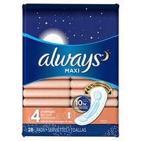 Always Maxi Feminine Pads for Women, Size 4, Overnight Absorbency, Unscented, 28 Count