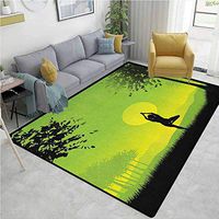 YucouHome Animals Door Mats Outdoors, Meditating Lady Under Sunset Sky in Forest Serenity Balance Soul Nature Art, Easy Maintenance Area Rug Living Room Bedroom Carpet(2'x 3') Green Black Yellow