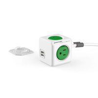 Allocacoc, PowerCube |ExtendedUSB|, 4 outlets, 2 USB Ports, 5 feet cable, Mounting dock, Surge Protection, Childproof Sockets, ETL Certified (Green)