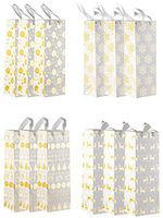 Wine Gift Bags - 12-Pack Wine Bags for Christmas Holiday, Anniversary, Birthday, 4 White and Gold Foil Winter Festive Designs, 3 of Each, Wine Bottle Gift Bags with Handles, 4.7 x 4 x 13.7 Inches