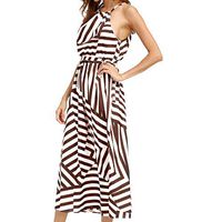 Howstar Womens Halter Open Shoulder Striped Sleeveless Long Evening Party Maxi Dress (S, Coffee)