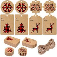 200 Pieces Christmas Paper Tags Kraft Gift Tags Hang Labels with Red and Black Plaid Snowflake Christmas Tree Elk Patterns and 66 Feet Twine Rope for Christmas