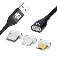 Hemamba USB to iOS, USB-C and Micro USB Magnetic 3 in1 Cable. High Speed 3A Magnetic 3 in 1 Cable. The Worlds First 3A Magnetic Cable Supporting Quick Charge 2.0, 3.0 and 4.0. (6.6 feet)