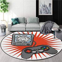 RUGSMAT Boys Room Machine Washable Round Bath Mat,Video Games Themed Design in Retro Style Gamepad Console Entertainment Non-Slip No-Shedding Bedroom Soft Floor Mat,Round-71 Inch Orange Grey White