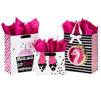 Hallmark All Occasion Gift Bags Assortment with Tissue Paper - Pink and Black Cupcake, Shoes, Flamingo (Pack of 3: 2 Large 13" and 1 Medium 7" Gift Bags for Birthdays, Baby Showers, Bridal Showers)