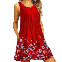WENOVL Summer Dresses for Women,Women O Neck Casual Floral Print Button Sleeveless Dress Loose Party Mini Dress Red
