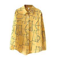 Meikosks Womens Blouses Cat Print Shirt Korean Tops Long Sleeve Tunic Loose Casual Button Cardigan Yellow