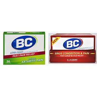 BC Aspirin Fast Pain Relief Powder - Arthritis Formula -Contains Caffeine-50 Powders & BC Sinus Congestion & Pain Fast Cold & Flu Relief  4 Powder Sticks per box, 6 boxes Per Tray.