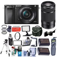 Sony Alpha A6000 Mirrorless Digital Camera with 16-50mm f/3.5-5.6 OSS and 55-210mm f/4.5-6.3 OSS Lenses, Black - Bundle with 64GB SDHC Card, Camera Bag, Video Light, Tripod, Software Package and More
