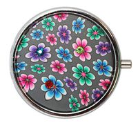 Small Round Silver Grey and Blue Flowers Pill Box with Mirror - Midnight Elegant Pill Box