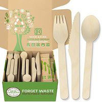 Woodland Premium Disposable Wooden Cutlery - Biodegradable Utensils Set of 160 Forks, 100 Spoons, 60 Knives – Bonus 20 Wooden Silverware Packs by Nook & Fork
