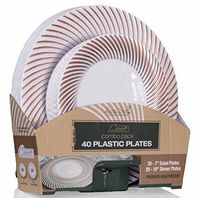 Laura Stein Designer Dinnerware Set of 40 Premium Plastic Wedding/Party Plates: White, Rose Gold Rim. Set Includes 20 10.75" Dinner Plates & 20 7.5” Salad Plates | Curve Series