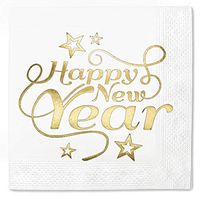 Happy New Year Star Pack 100 Napkins Gold Foil Cocktail - 5x5 Inches - 2 ply Party Supplies Disposable