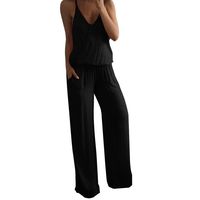 【MOHOLL】 Women Summer Solid Sleeveless Wide Leg Jumpsuit Casual Spaghetti Strap Stretchy Long Pant Rompers Black