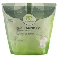 Grab Green Natural 3 in 1 Laundry Detergent Pods, Vetiver-With Essential Oils, 132 Loads, Organic Enzyme-Powered, Plant & Mineral-Based, 84 Ounce