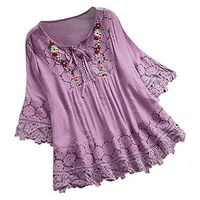 GHrcvdhw Women Tops Vintage Lace Floral Patchwork Linen Shirt Bow V-Neck Three Quarter Sleeve T-Shirt Blouses Top Purple
