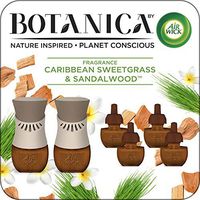 Botanica by Air Wick Plug in Scented Oil Starter Kit, 2 Warmers + 6 Refills, Caribbean Sweetgrass and Sandalwood, Air Freshener, Eco Friendly, Essential Oils