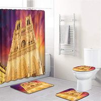 Naiflowers 4 Piece Bath Shower Curtain Sets, Bathroom Shower Curtain & Toilet Mat & Lid Cover & Non Slip Rugs Notre Dame de Paris Printing, Washable Bath Curtain Carpet for Tub Living Room (A)