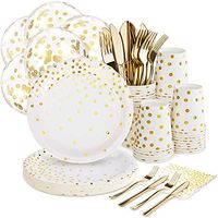 White and Gold Party Supplies Set - 168PCS Gold Paper Plates Disposable Dinnerware Set Dots 7” & 9” Paper Plates Napkins Cups Forks Knives Balloons Serve 24 Birthday Party Wedding Baby Shower