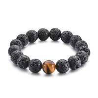 UKER 12mm Lava Rock Bracelet with Natural Tiger Eye Beaded Yoga Energy Elastic Bracelet