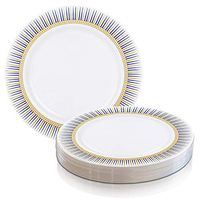 Elegant Disposable Plastic Dessert Plates 120 Pcs - Heavy Duty Round White with Blue & Gold Appetizer Salad Cake Plates - Reusable Bulk Party Supplies For Wedding, Easter, Birthday & All Occasions