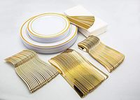 Elegant Plastic dinnerware Set 25 Guests | 175 pcs Disposable Plastic Plates with Gold Rim Set for Wedding Party and All Occasions! Includes Dinner Plates, Salad Plates, Cutlery, and More