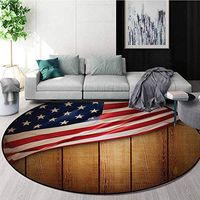 American Flag Computer Chair Floor Mat,United States Design On A Vertical Retro Wooden Rustic Back Old Glory Country Printed Round Carpet For Children Bedroom Play Tent Round-59 Inch,Blue Red
