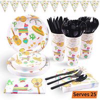 Fiesta Party Supplies 177PCS Mexican Theme Disposable Tableware Set Includes Plates, 12oz Cups, Napkins, Spoons, Forks, Knives, Tablecloth and Banner, Serves 25