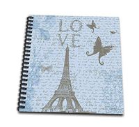 3dRose db_152139_1 Love Eiffel Tower Blue Script and Butterflies Drawing Book, 8" x 8"