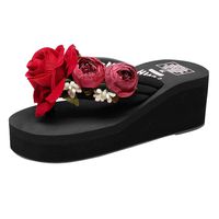 Xinantime Women's Wedges Flip Flops Sandals Ladies Summer Flower High Heel Slippers Beach Shoes Black
